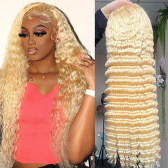 Extra Long 30/38 Inch Lace Front Wig – Deep Wave Honey Blonde 613 Human Hair