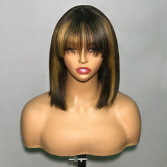 Straight Human Hair Wig with Bangs - Glueless, Easy to Wear, 100% Natural Hair