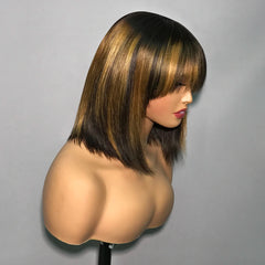 Straight Human Hair Wig with Bangs - Glueless, Easy to Wear, 100% Natural Hair