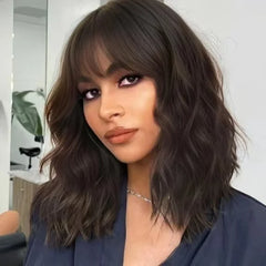 Women’s Synthetic Curly Bob Wig – Natural Brown with Stylish Bangs