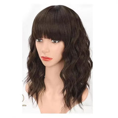 Women’s Synthetic Curly Bob Wig – Natural Brown with Stylish Bangs