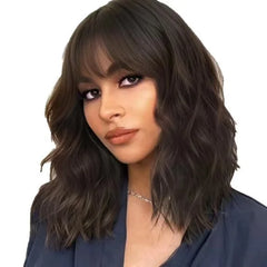 Women’s Synthetic Curly Bob Wig – Natural Brown with Stylish Bangs