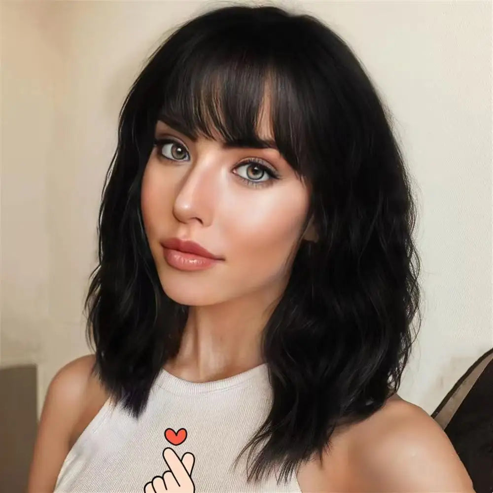 Women’s Synthetic Curly Bob Wig – Natural Brown with Stylish Bangs