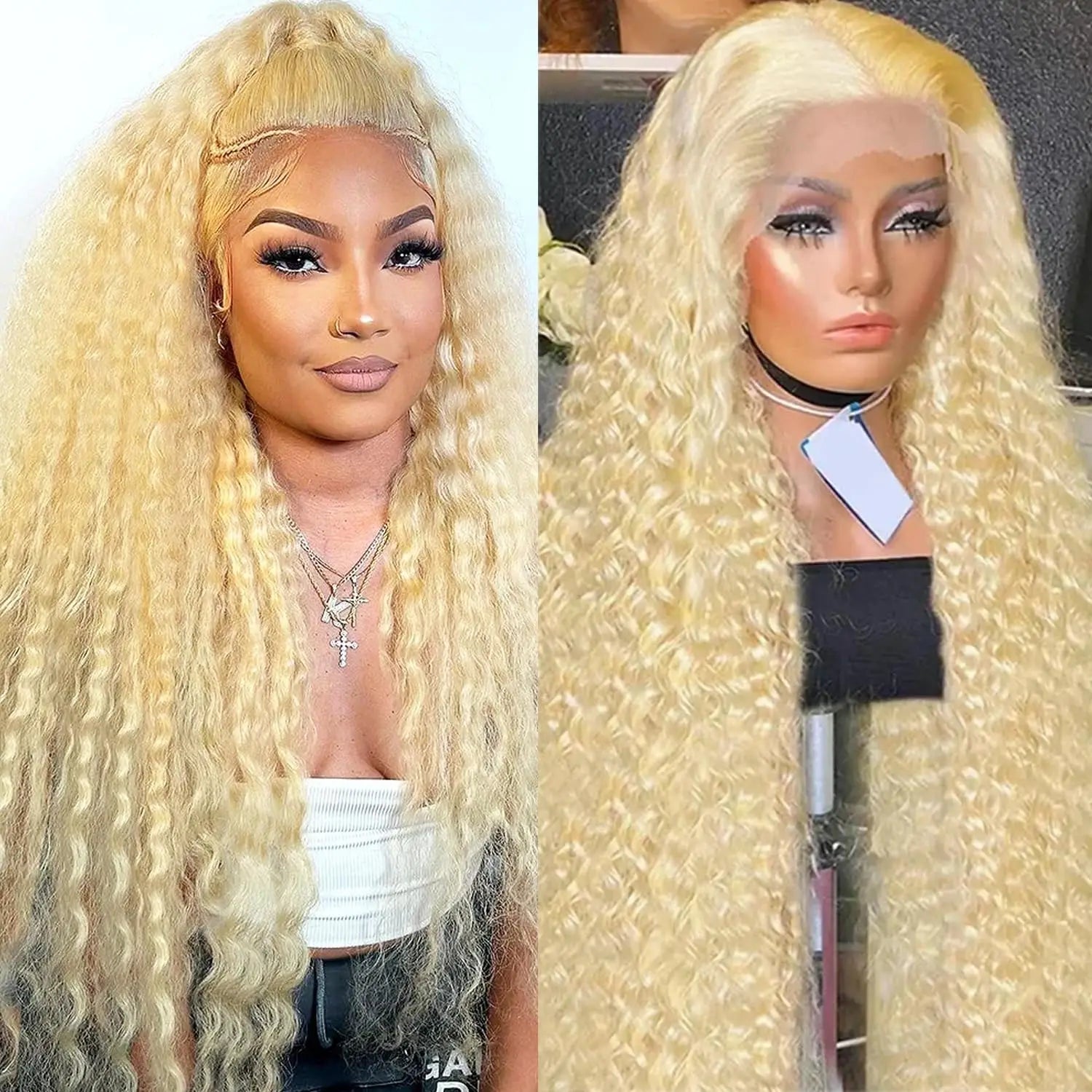 Extra Long 30/38 Inch Lace Front Wig – Deep Wave Honey Blonde 613 Human Hair