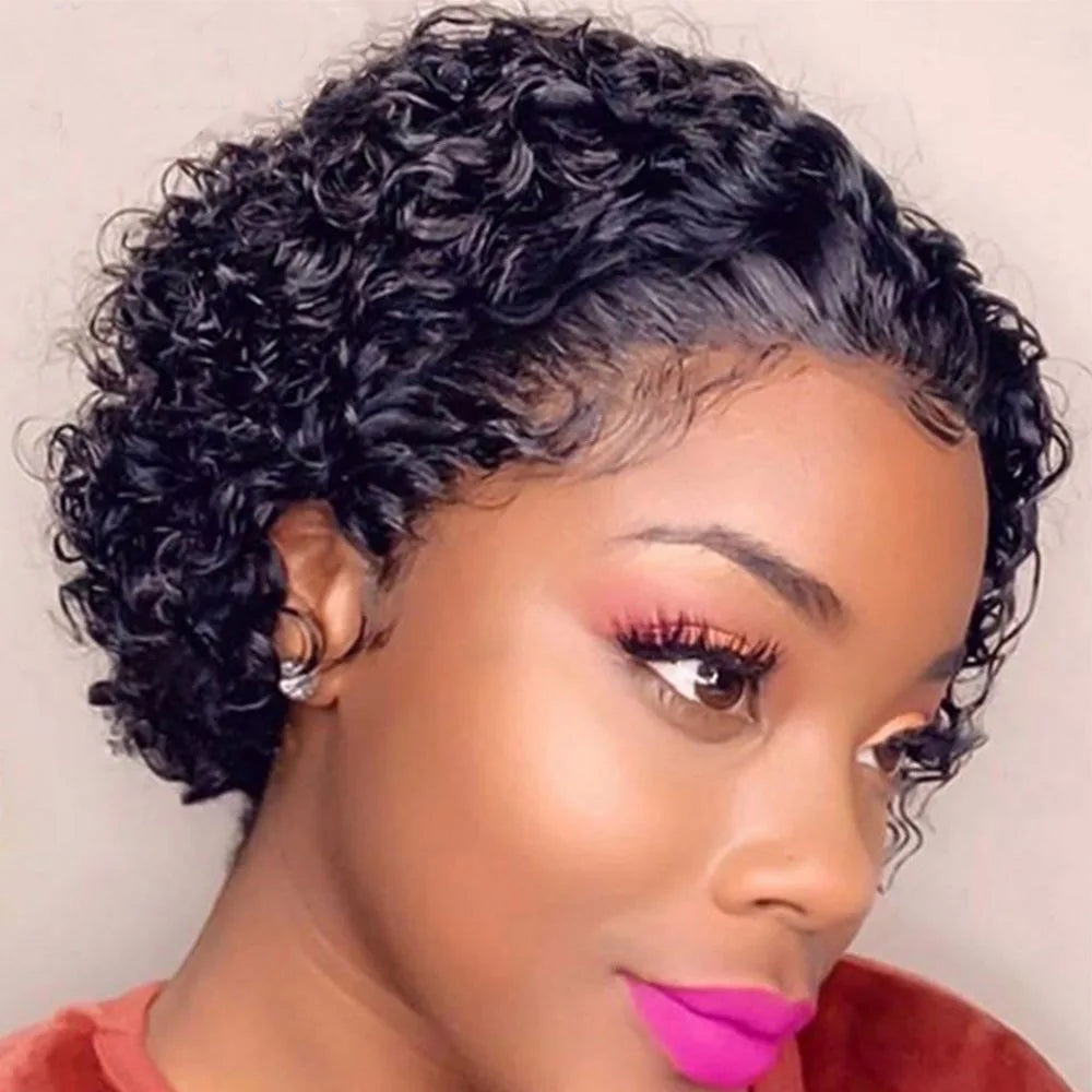 Short Curly Pixie Wig – Lace Front, Water Wave Human Hair for Women