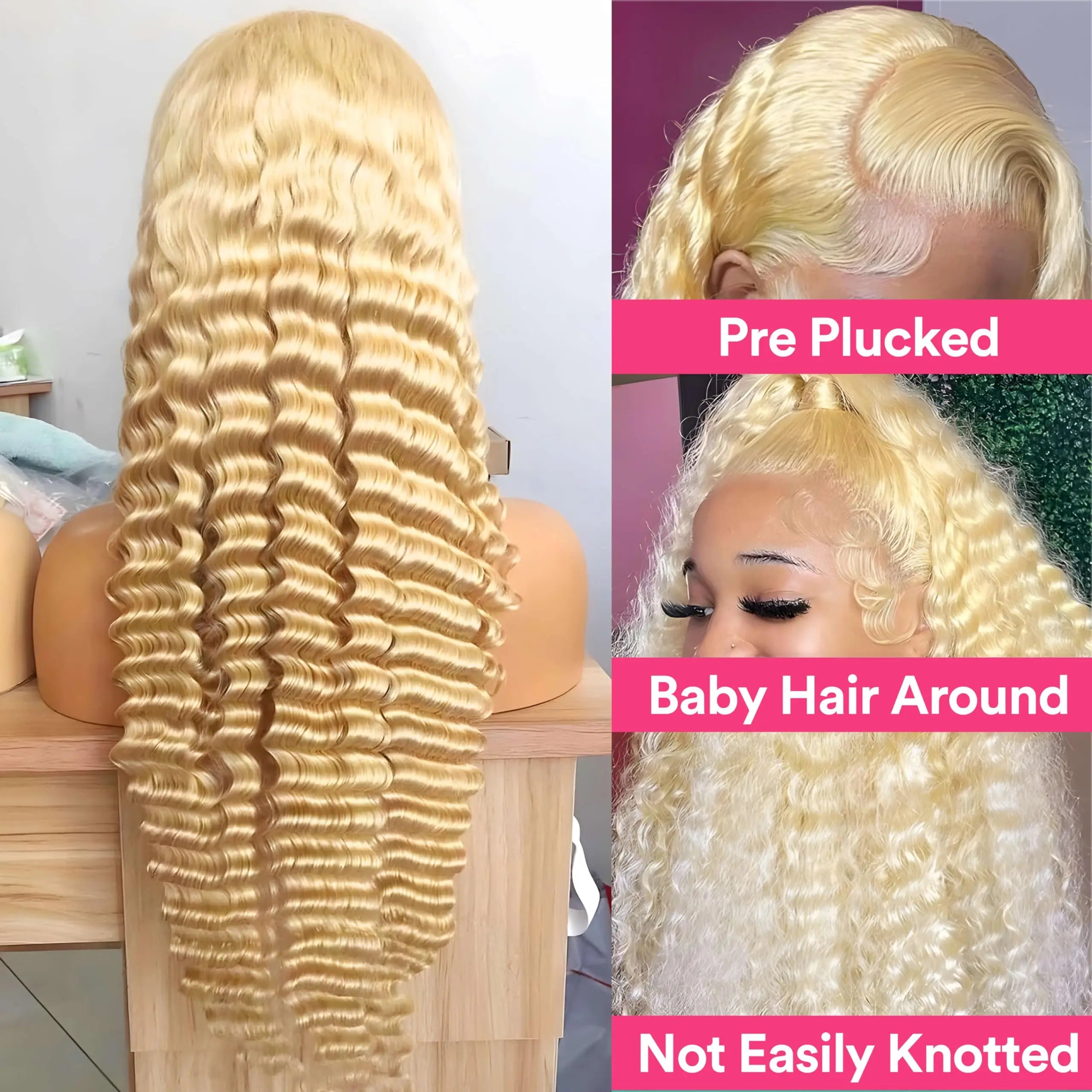 Extra Long 30/38 Inch Lace Front Wig – Deep Wave Honey Blonde 613 Human Hair