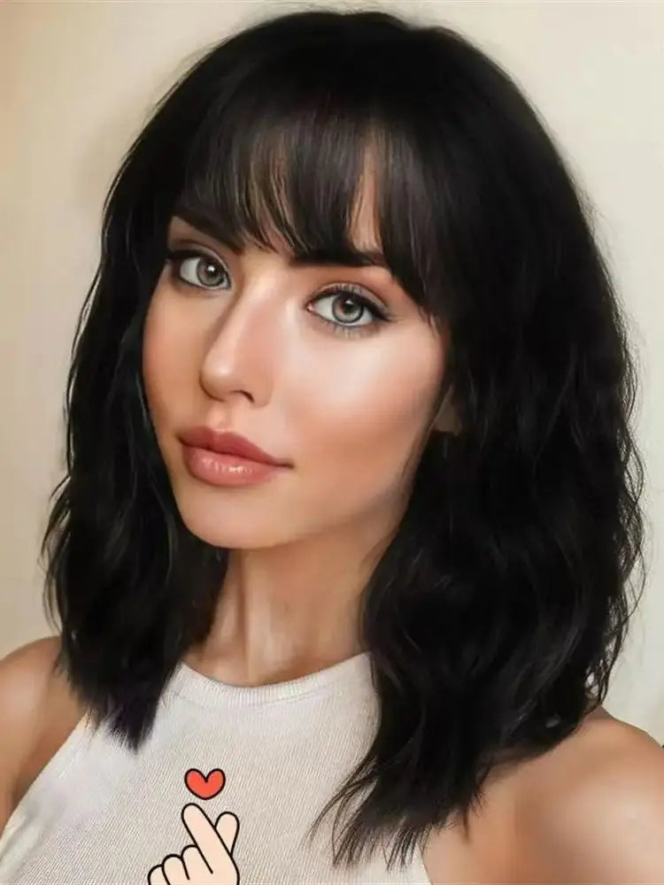 Women’s Synthetic Curly Bob Wig – Natural Brown with Stylish Bangs