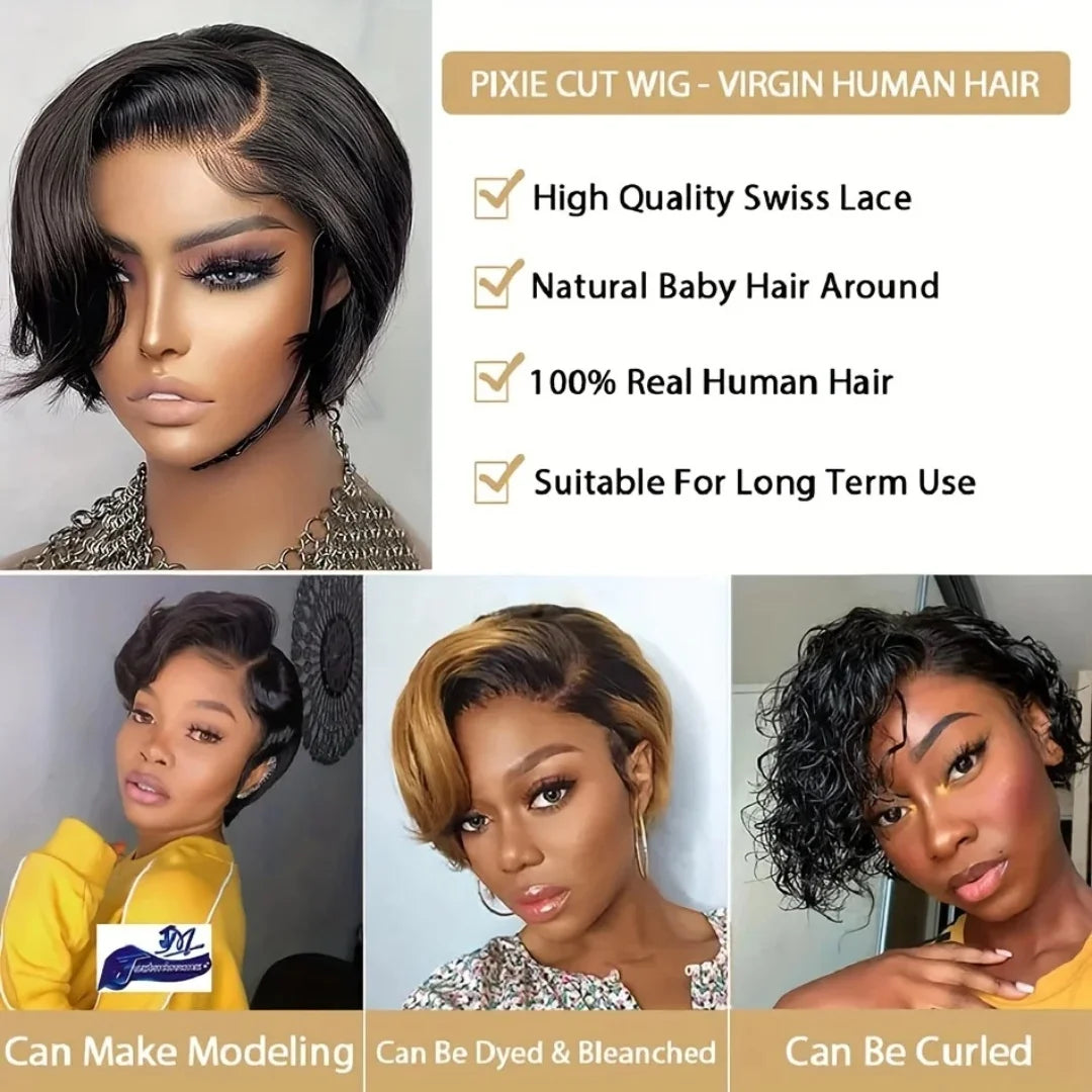 Short Pixie Cut Bob Wig - Lace Front Wavy Human Hair Wig for Women