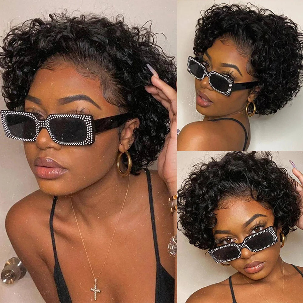 Short Curly Pixie Wig – Lace Front, Water Wave Human Hair for Women