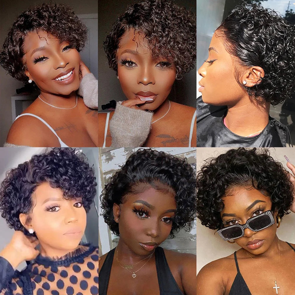 Short Curly Pixie Wig – Lace Front, Water Wave Human Hair for Women