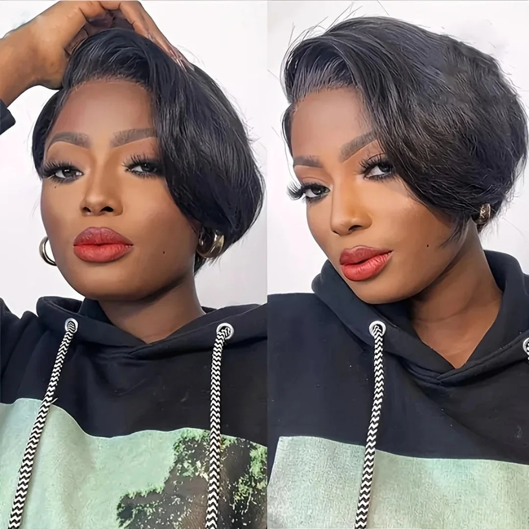 Short Pixie Cut Bob Wig - Lace Front Wavy Human Hair Wig for Women