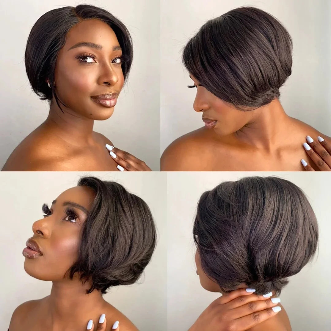 Short Pixie Cut Bob Wig - Lace Front Wavy Human Hair Wig for Women