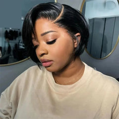 Short Pixie Cut Bob Wig - Lace Front Wavy Human Hair Wig for Women