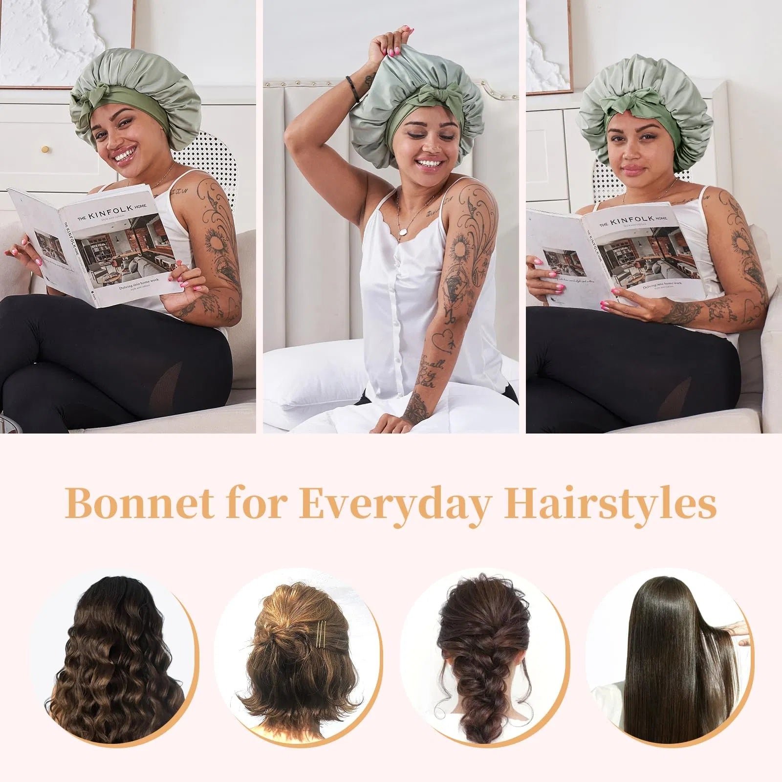 Unisex Silk Night Bonnet – Green Satin Sleep Cap for Natural, Curly & Wavy Hair